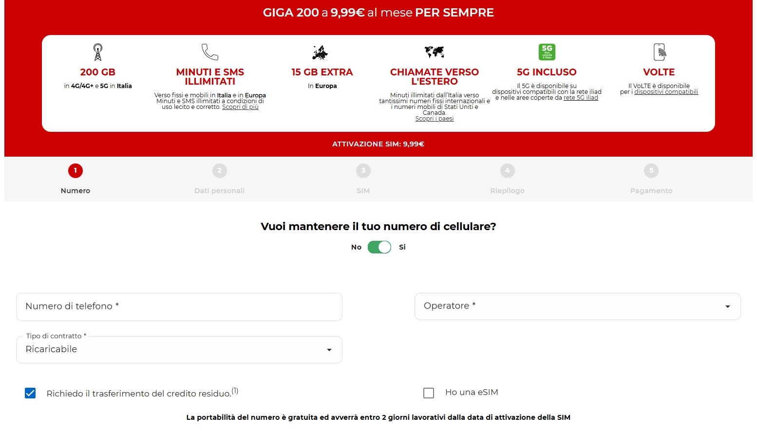 Fase 1 della richiesta di portabilità Iliad