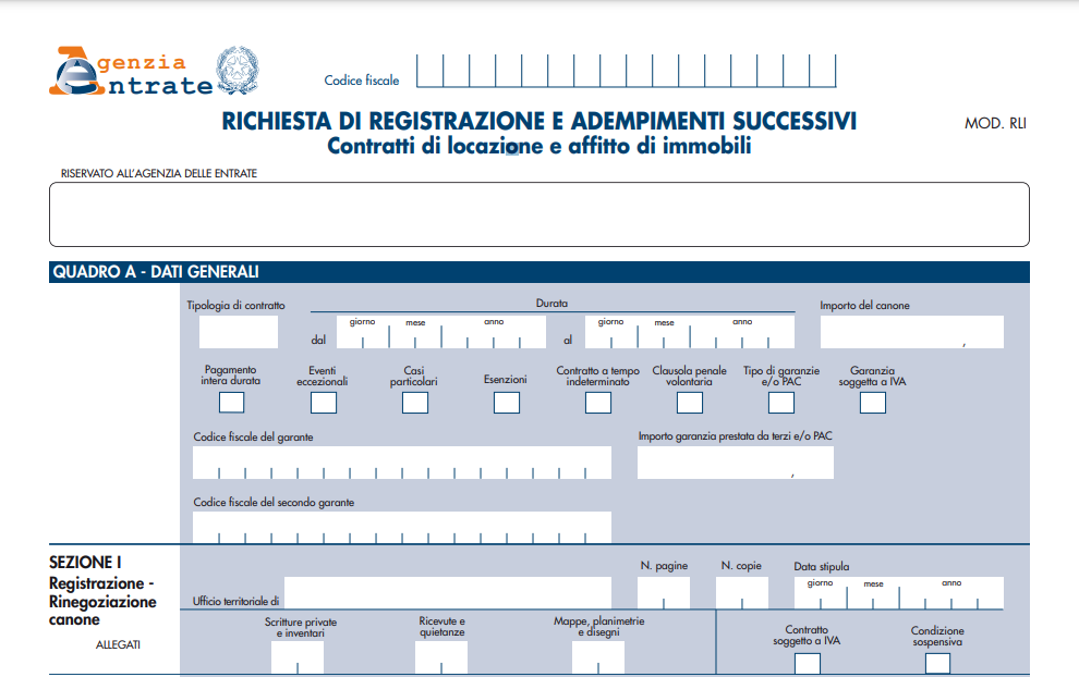 Modello RLI per richiesta di registrazione del contratto di locazione