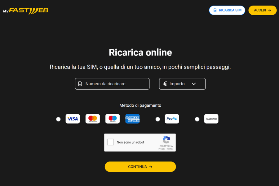 Ricarica online MyFastweb