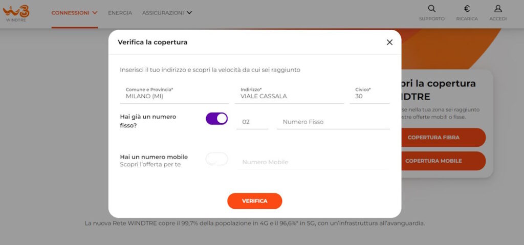 Verifica copertura internet casa WINDTRE