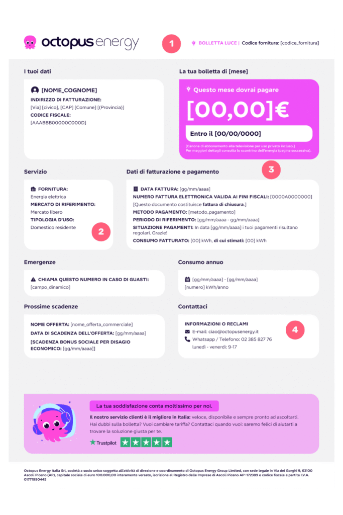 Bolletta Octopus Energy Octopus bolletta pagina uno frontespizio unificato