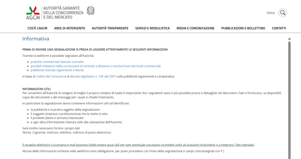 Segnalazione AGCOM